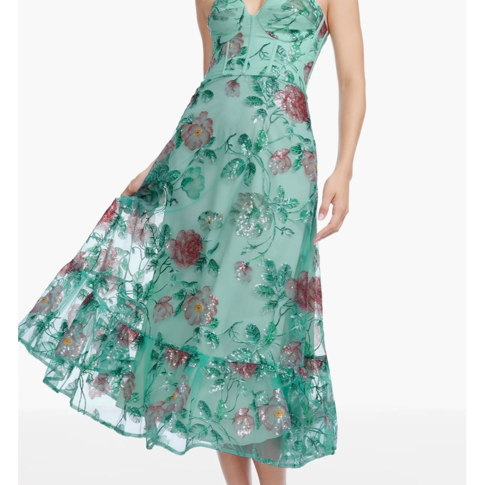Dress the Population Mint Green Floral Sequin Midi Dress
